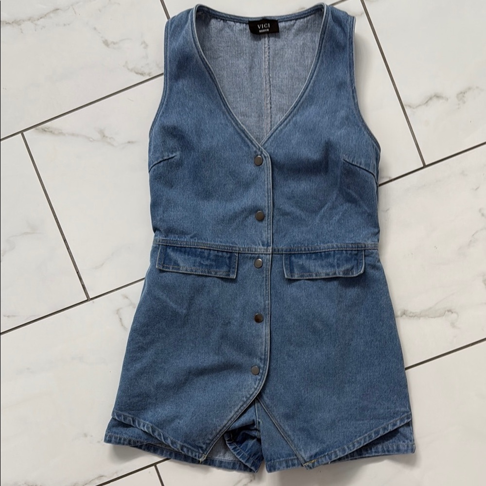 Vici Denim Button-Front Sleeveless Romper